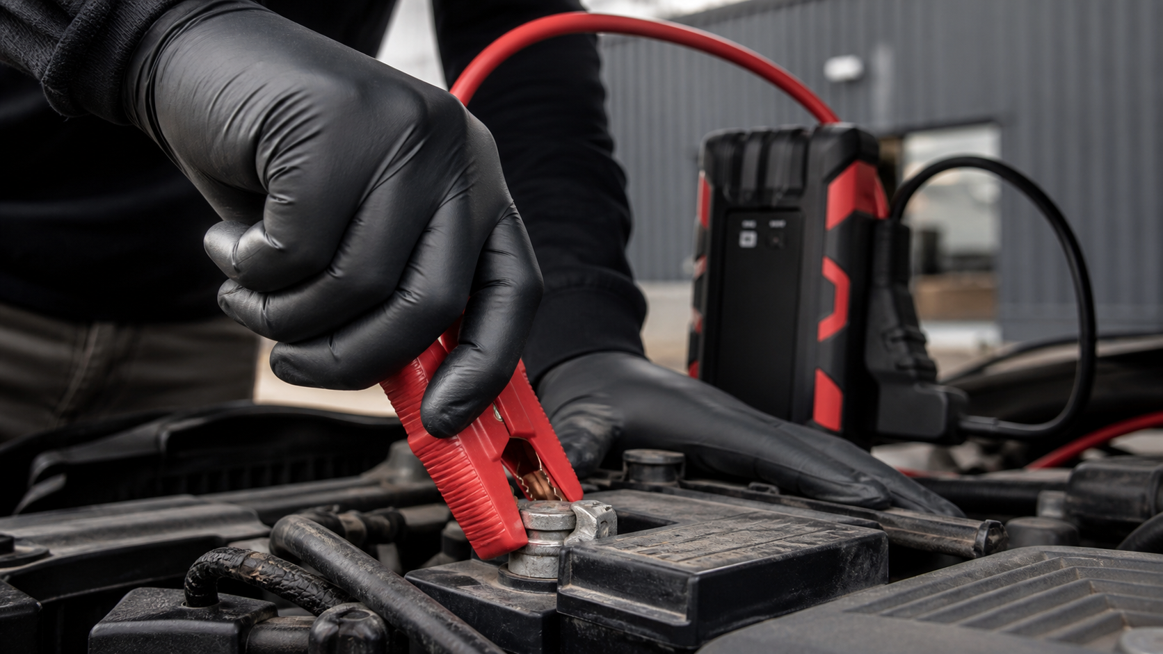 Technician connecting a professional jump-start pack to a car battery in London